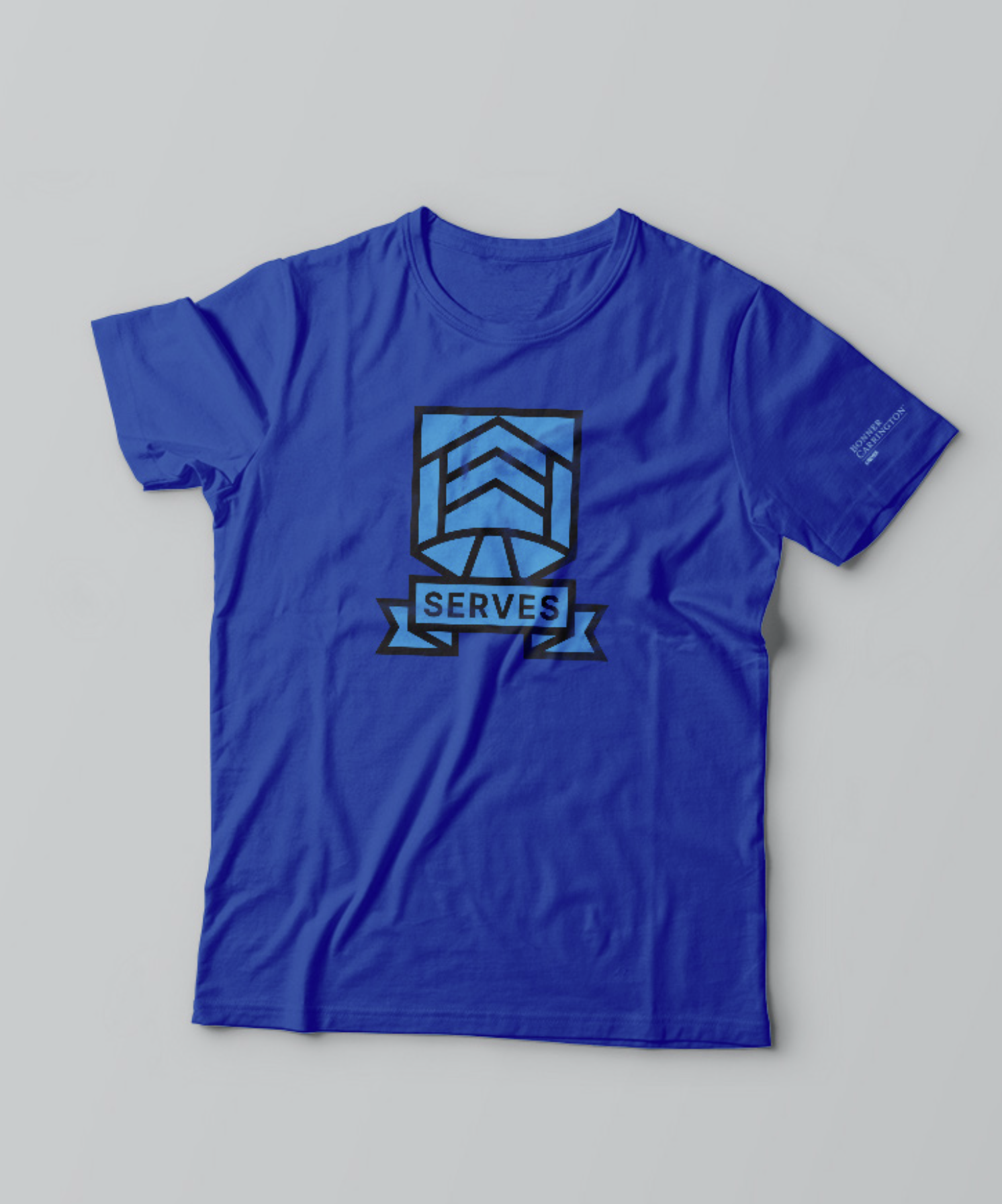 Blue t-shirt featuring a geometric shield design above the word "SERVES" on the front, with small white text on the left sleeve.